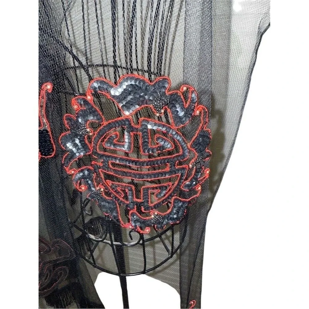 Etsy Women's Black Sheer Embroidered‎ Geometric Rectangle Scarf sequin fringe